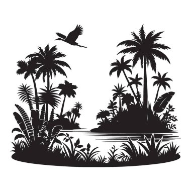 Tropik Cennet Silueti Vektör Resimleri Palmiye Ağaçları ve Kuş