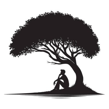 Siluet Vektör Sanat Adamı Ağacın Altında Düşünceli Bir Anda Oturuyor