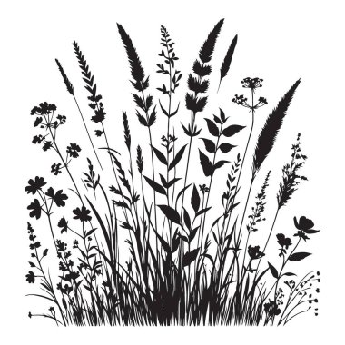 Yaban çiçeklerinin silueti ve çayır bitkilerinin tasarım vektör resmi