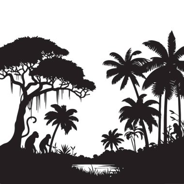 Maymunlar ve Tropikal Ağaçlarla Orman Silüeti Vektör Sahnesi
