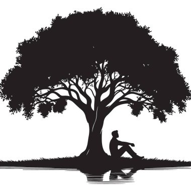 Siluet Adam Ağaç Vektörü Çizimi Altında Meditasyon Yapıyor