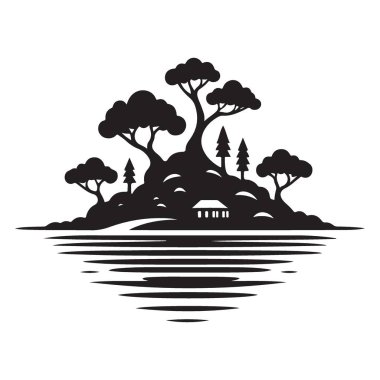Serene Adası Manzarası Siyah Silüet Vektör Resimlendirme Grafik Kaynağı