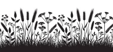 Vahşi Çimen ve Çiçekler Siluet Vektör Resmetme Doğa Grafiksel Sanatı