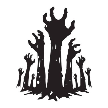 Korkunç zombi elleri mezardan yükseliyor. Cadılar Bayramı korku çizimi.