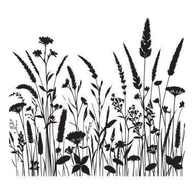 Yaban çiçekleri ve otlar güzel bir doğa silueti çizimi