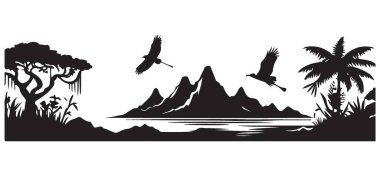 Grafik Sanatı için Dağları, Ağaçları ve Kuşları olan Manzara Manzarası Vektörü