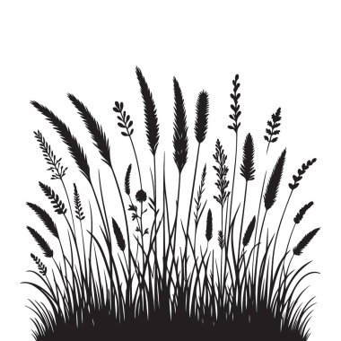 Çeşitli bitkilerin siyah çimen silueti çizimi