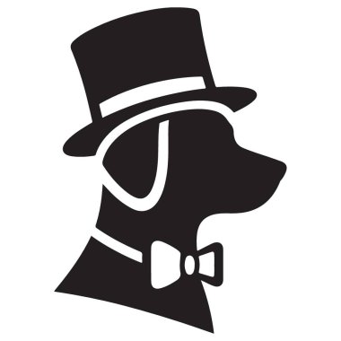 Silindir şapka ve papyon vektör çizimi olan zarif bir köpek silueti.