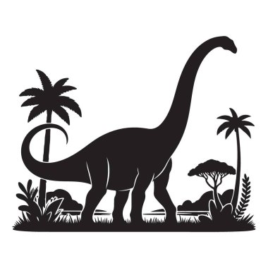 Tarih öncesi manzara sanatında görkemli uzun boyunlu dinozor silueti.