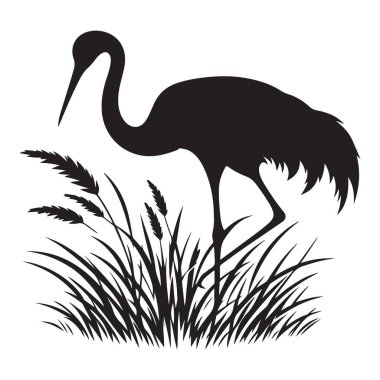 Turna Kuşunun Siyah Silueti Çimen Vektör Sanatında Duruyor