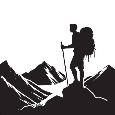 Siluet Yürüyüşçüsü Dağ Zirvesi Vektör Serüvenleri