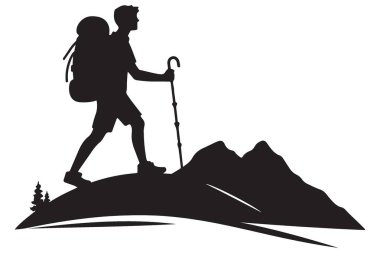 Siluet Yürüyüşçüsü ve Sırt çantası Dağ Tepesi Vektör Resimlerinde