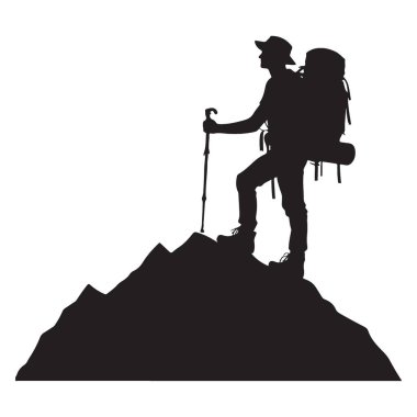 Sırt çantalı yürüyüşçünün silueti dağın tepesinde duruyor.
