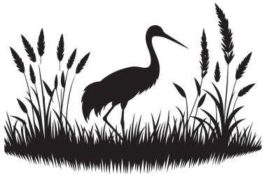 Doğal Habitat Tasarımında Zarif Heron Silueti Vektör İllüstrasyonu