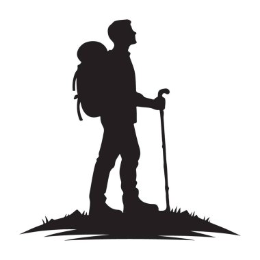 Sırt çantalı gezgin adamın silueti. Açık havada macera yürüyüşü.