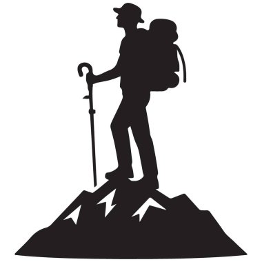 İnsan silüeti, bir dağın zirvesini fetheden macerayı ve başarıyı resmeden bir illüstrasyon.