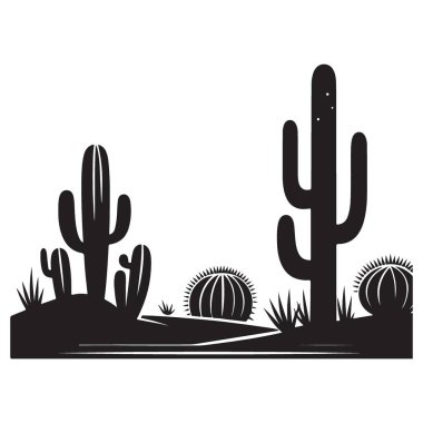Kaktüs İllüstrasyon ve Vektör Grafiksel İndirme ile Siluet Çöl Manzarası