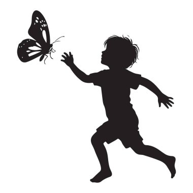 Neşeli Çocuk Kelebek Kovalıyor Siluet Vektör Sanat Çizimi