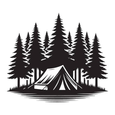 Forest Siluet Vektör Sanat Macerası Sahnesinde Kamp