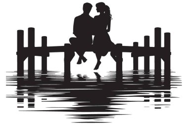 Günbatımında Rıhtım Vektörü Sanatında Romantik Çift Silueti