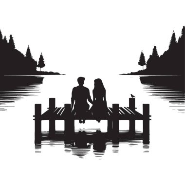 Siluet Gölü İllüstrasyonunun İskelesinde Oturan Romantik Çift