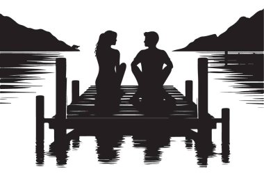 Lake Romantic Scene Illustration 'daki Rıhtımda Çift Silueti