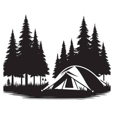 Çam ormanında kamp çadırı, açık hava macerası doğa yolculuğu taşıyıcısı.