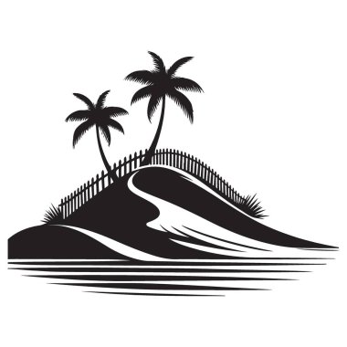 Tropikal Ada Cennet Silueti Palmiyeler ve Su Vektörü Tasarımı