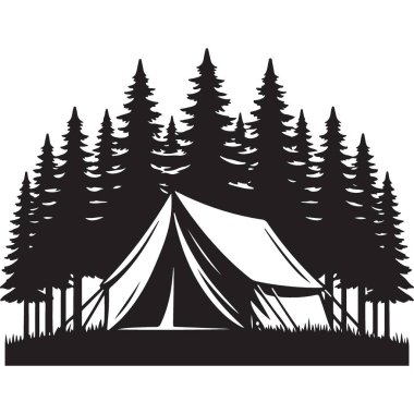 Açık hava maceraları için orman siluetinde kamp çadırı.