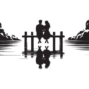 Rıhtımda oturan Romantik Çift Silueti Gün batımının tadını çıkarıyor