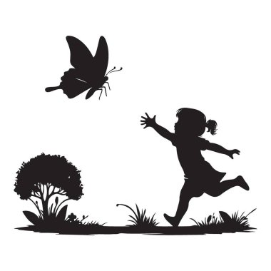 Çayırda kelebek kovalayan bir çocuğun silueti.