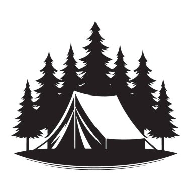 Çam ağaçlarıyla çevrili kamp çadırı Açık Hava Macera Vektörü Grafiği