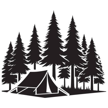 Açık hava için Ormanda Kamp Çadırı Silueti Vektör İllüstrasyonu
