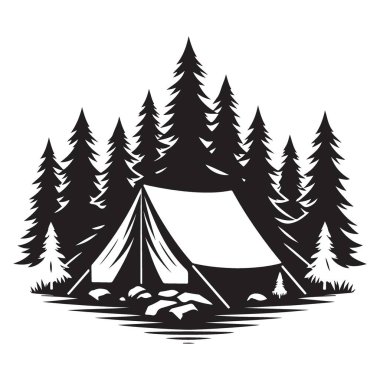 Orman Ağaçları Arasındaki Kamp Çadırı Siluet Vektör Grafik Sanatı