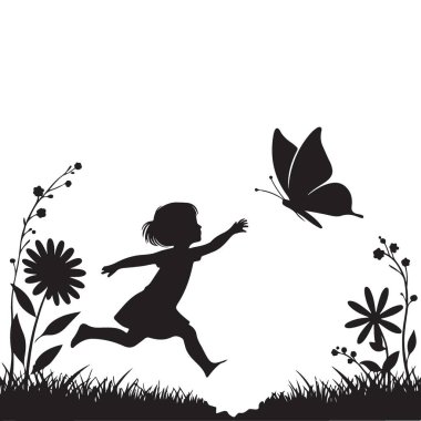 Kelebek Avlayan Çocuk Silueti Çizimi Neşeli Çocuk Vektör Sanatı