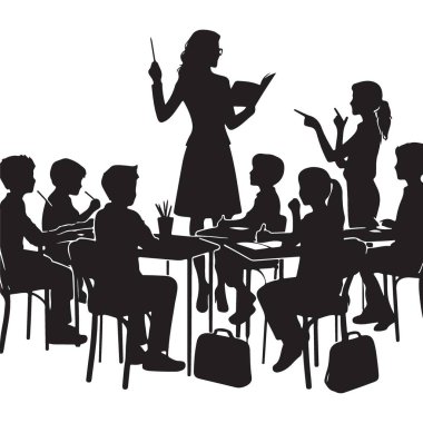 Siluet kadın öğretmen sınıf vektör illüstrasyonunda öğrencilere öğretiyor