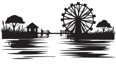 Turizm teması için nehir kenarındaki Siluet Dönme Dönme Dolabı çizimi