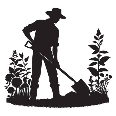 Siluet Çiftçisi Bahçe Tarım Resimlerinde Kürekle Kazıyor