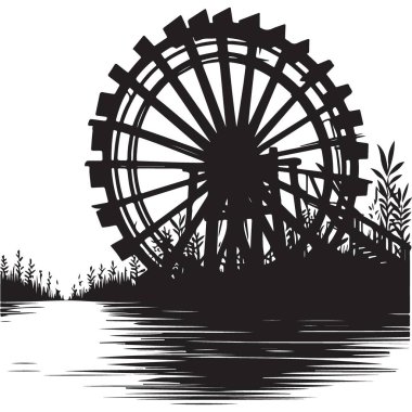 Huzurlu su çarkı silueti illüstrasyonu doğanın arka planında