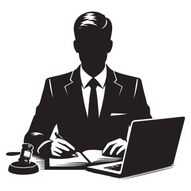 Siluet Avukatı Dizüstü bilgisayar İllüstrasyonundan Notlar Yazıyor