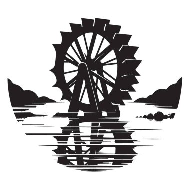 Siluet Antik Su Tekerleği Çizim Makinesi Tasarım Vektörü