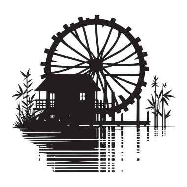 Siluet Su Çarkı Kulübesi ve Bambu Çizim Vektörü Tasarımı