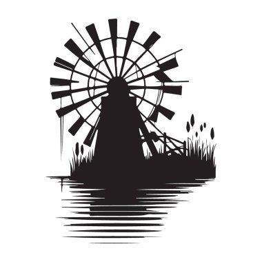 Su Vintage Illustration 'dan Siluet Eski Çiftlik Yel Değirmeni