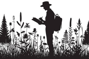 Botanikçi Siluet İllüstrasyon Doğal Çevredeki Bitkileri İnceleme