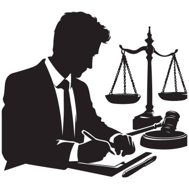 Scales ile çalışan avukatın silueti.