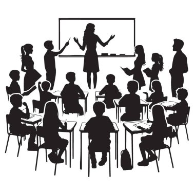 Öğrenciler ve öğretmenler için sınıf eğitimi silüeti illüstrasyonu