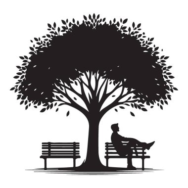 Huzur Parkı Sahnesi Siluet Çizim Adamı Büyük Ağaç Altında Rahatlıyor
