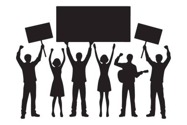 İşaretler ve Gitar İllüstrasyonuyla Protesto Eden İnsanların Silueti