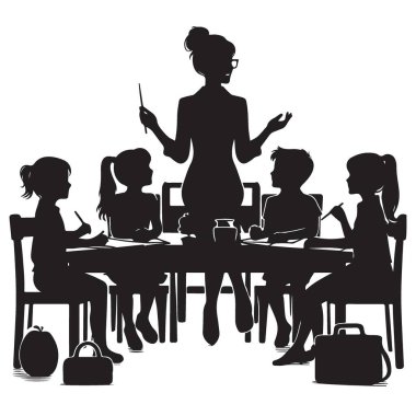 Siluet Öğretmeni Sınıfın Vektör İllüstrasyonunda Öğrencilere Öğretiyor