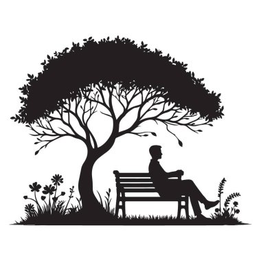 Siluet Serene Tree Sahnesi, Bench Illustration 'daki adamla